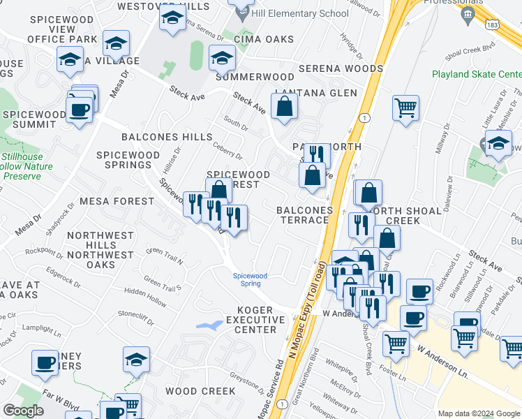 map of restaurants, bars, coffee shops, grocery stores, and more near 3605 Brownwood Drive in Austin