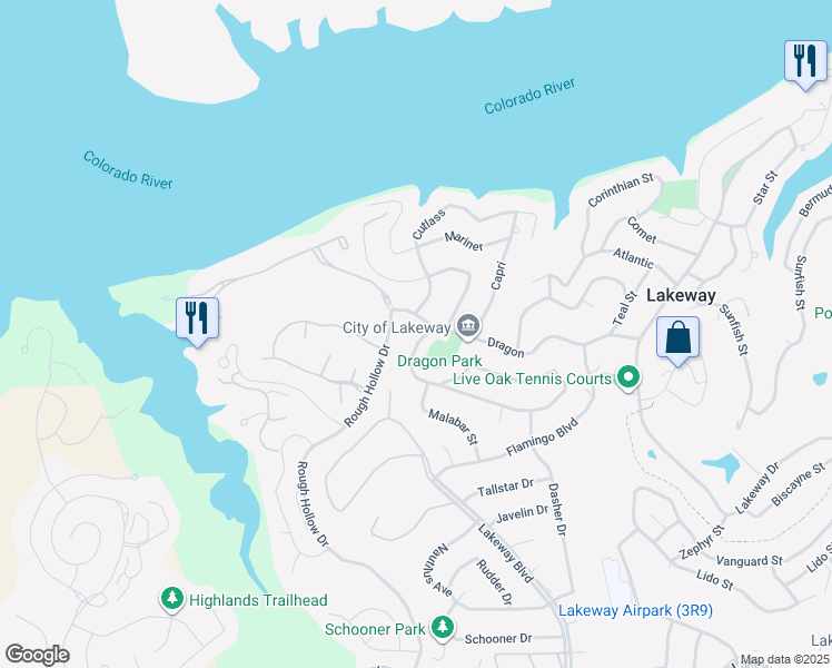 map of restaurants, bars, coffee shops, grocery stores, and more near 302 Malabar Street in Lakeway