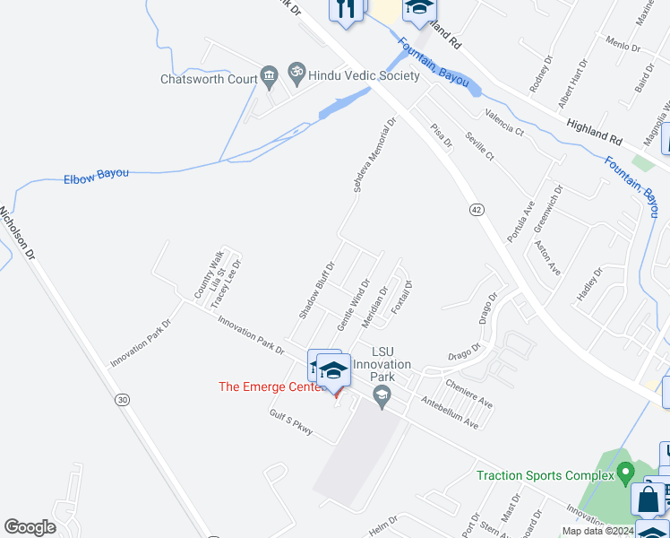 map of restaurants, bars, coffee shops, grocery stores, and more near 1033 Shadow Bluff Drive in Baton Rouge