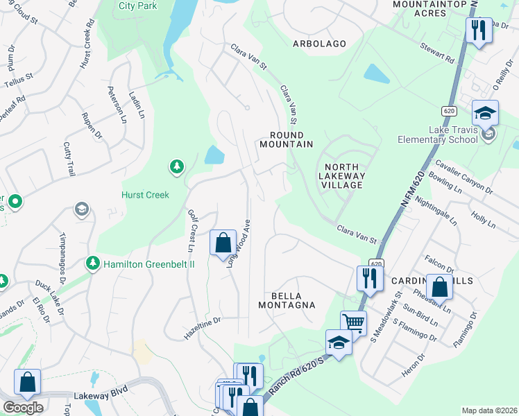 map of restaurants, bars, coffee shops, grocery stores, and more near 103 La Strada Circle in Lakeway
