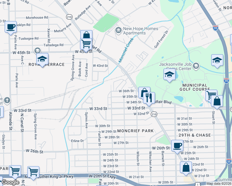 map of restaurants, bars, coffee shops, grocery stores, and more near 1636 West 35th Street in Jacksonville