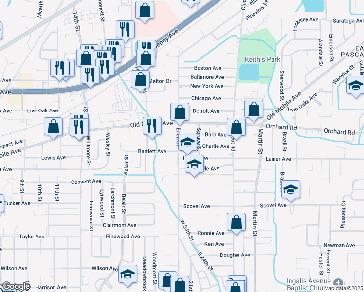 map of restaurants, bars, coffee shops, grocery stores, and more near 3102 Eden Street in Pascagoula