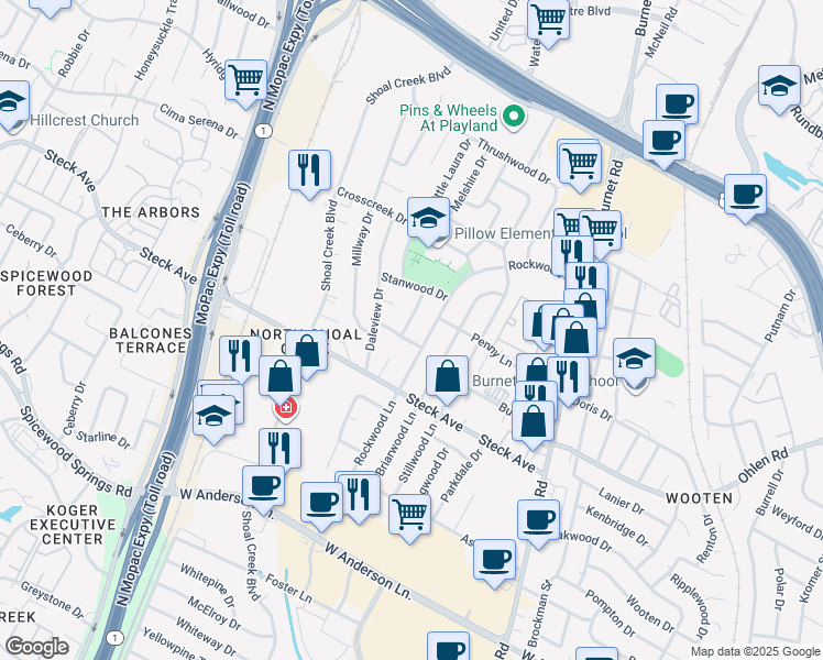 map of restaurants, bars, coffee shops, grocery stores, and more near 8303 Franwood Lane in Austin