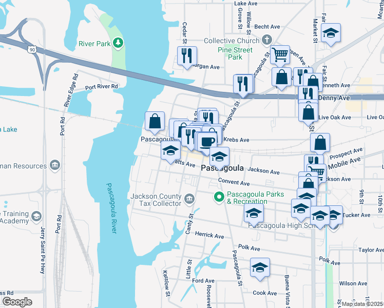 map of restaurants, bars, coffee shops, grocery stores, and more near 677 Railroad Ave in Pascagoula