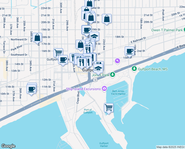 map of restaurants, bars, coffee shops, grocery stores, and more near 2421 13th Street in Gulfport