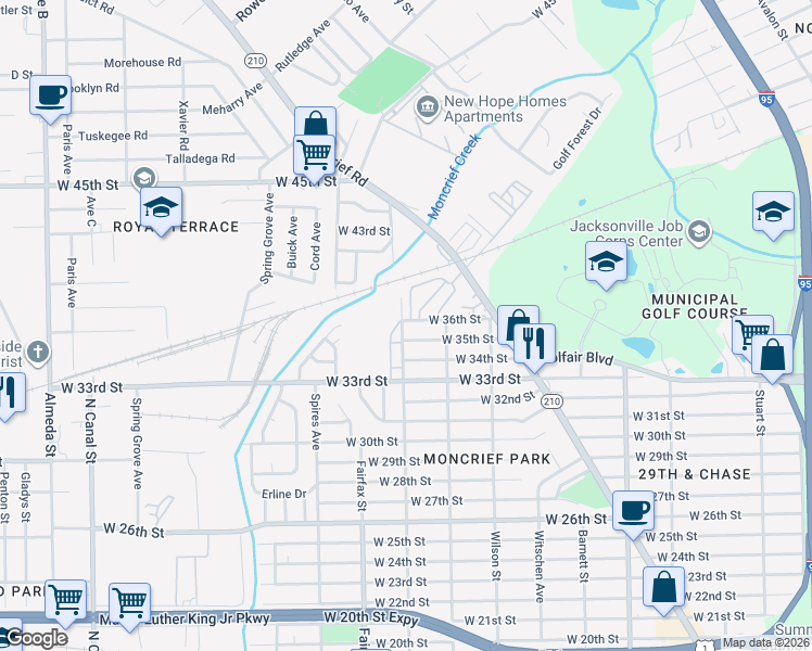 map of restaurants, bars, coffee shops, grocery stores, and more near 4700 Pearce Street in Jacksonville