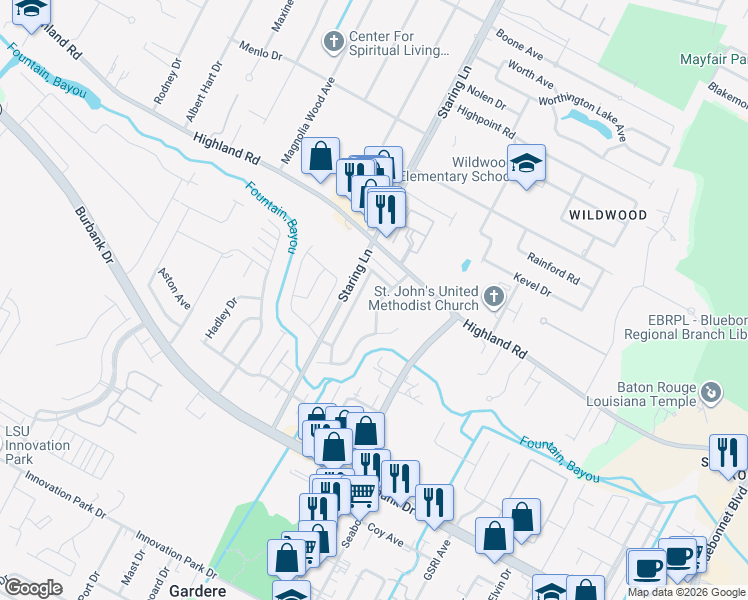 map of restaurants, bars, coffee shops, grocery stores, and more near 278 Heatherwood Drive in Baton Rouge