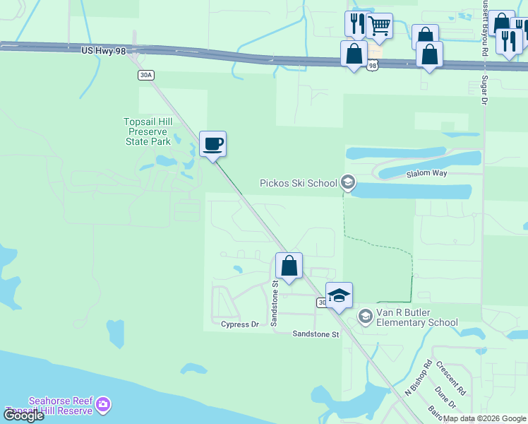 map of restaurants, bars, coffee shops, grocery stores, and more near 22 Albatross Court in Santa Rosa Beach