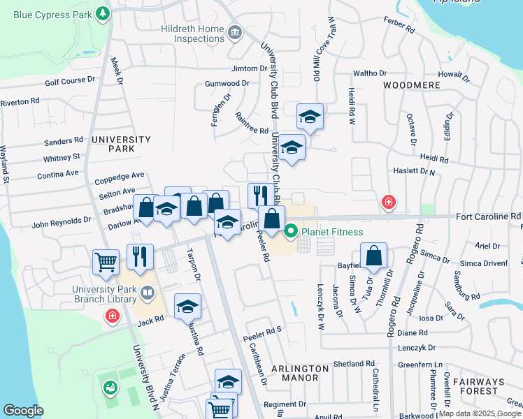 map of restaurants, bars, coffee shops, grocery stores, and more near 5959 Fort Caroline Road in Jacksonville