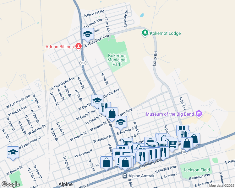 map of restaurants, bars, coffee shops, grocery stores, and more near 1001-1099 Fighting Buck Avenue in Alpine