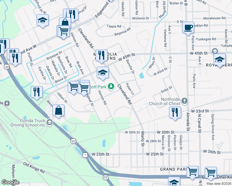 map of restaurants, bars, coffee shops, grocery stores, and more near 2737 Hamilton Circle in Jacksonville