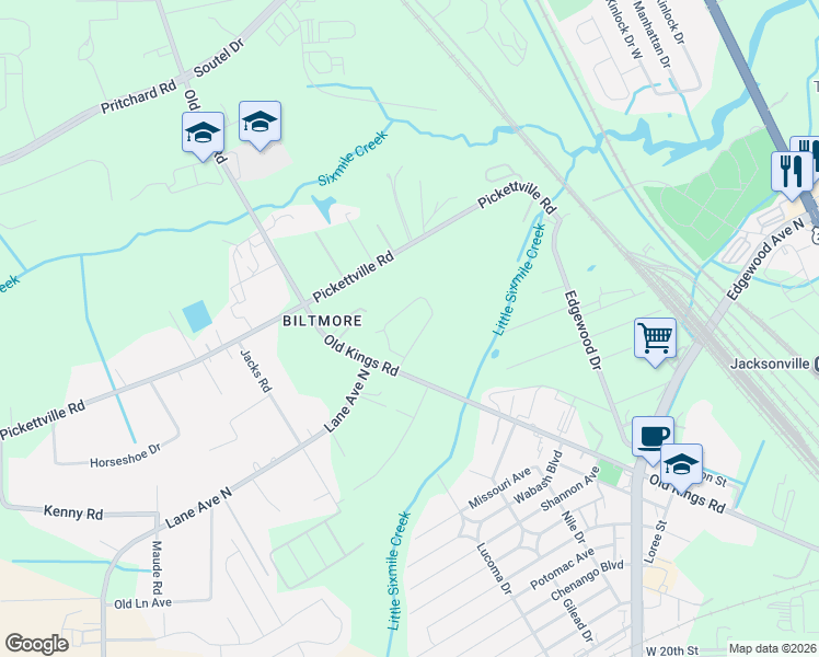 map of restaurants, bars, coffee shops, grocery stores, and more near 5715 Old Kings Road in Jacksonville