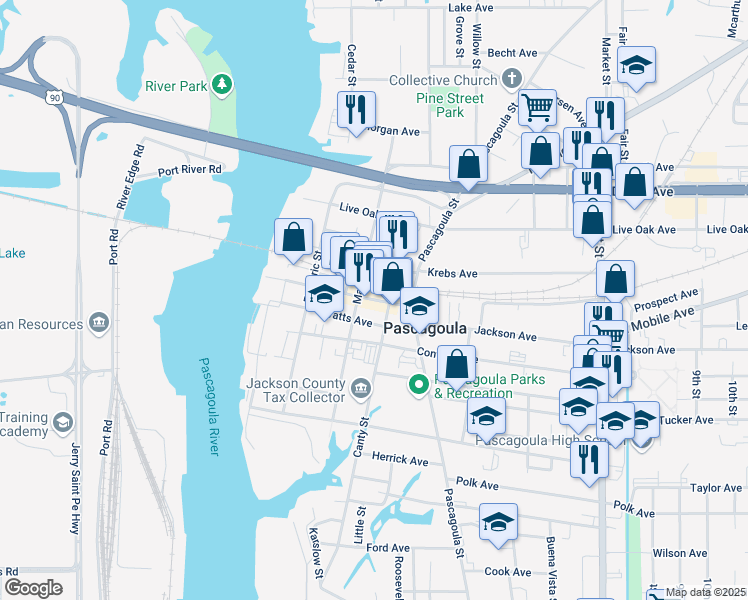 map of restaurants, bars, coffee shops, grocery stores, and more near 507-677 Railroad Ave in Pascagoula