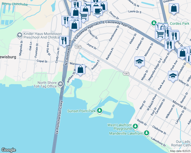map of restaurants, bars, coffee shops, grocery stores, and more near 145 Antibes Street East in Mandeville