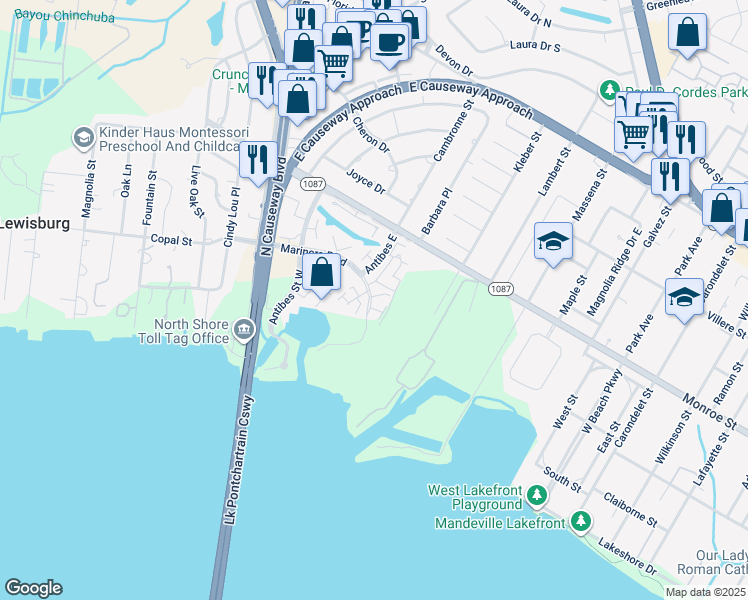 map of restaurants, bars, coffee shops, grocery stores, and more near 145 Antibes Street East in Mandeville