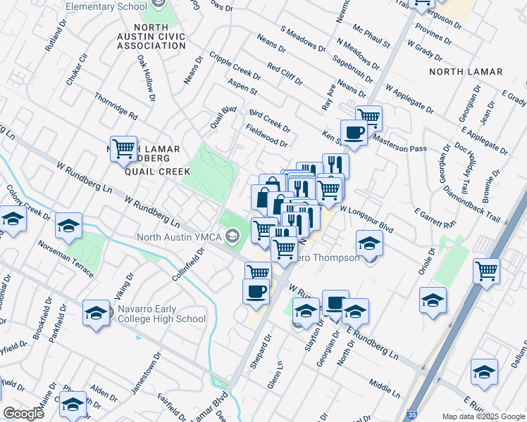 map of restaurants, bars, coffee shops, grocery stores, and more near 9607 Covey Ridge Lane in Austin