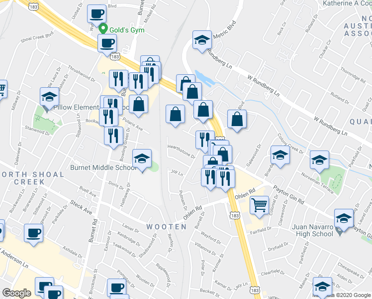 map of restaurants, bars, coffee shops, grocery stores, and more near 1916 Hearthstone Drive in Austin