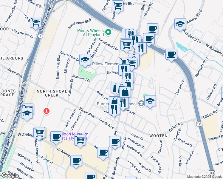 map of restaurants, bars, coffee shops, grocery stores, and more near 8524 Burnet Road in Austin