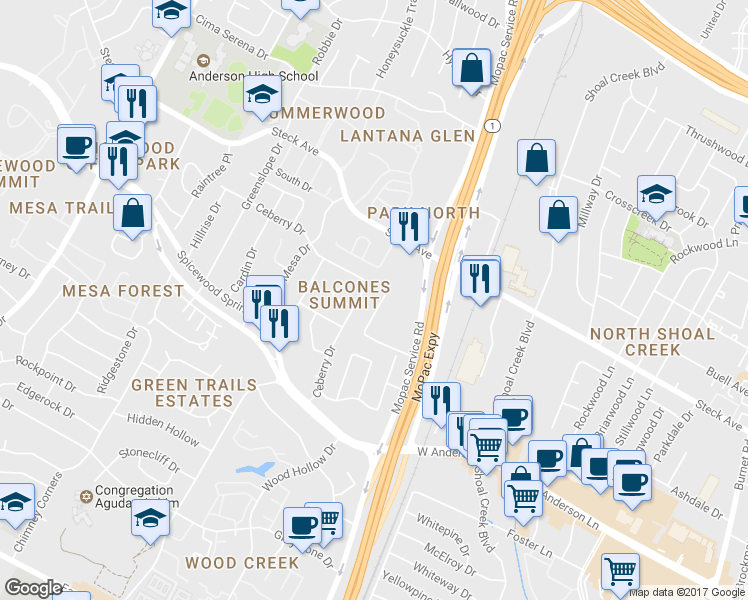 map of restaurants, bars, coffee shops, grocery stores, and more near 8124 Ceberry Drive in Austin