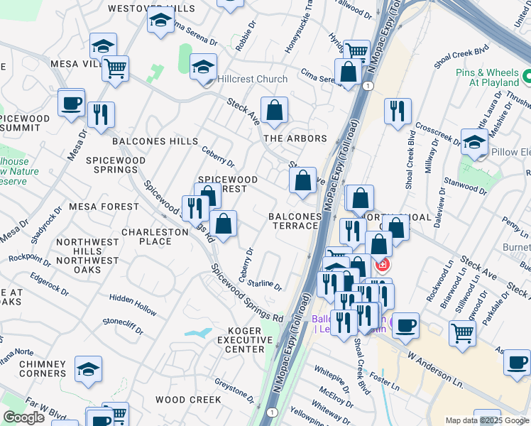 map of restaurants, bars, coffee shops, grocery stores, and more near 8124 Ceberry Drive in Austin