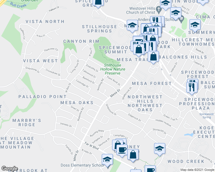 map of restaurants, bars, coffee shops, grocery stores, and more near 4109 Tablerock Drive in Austin