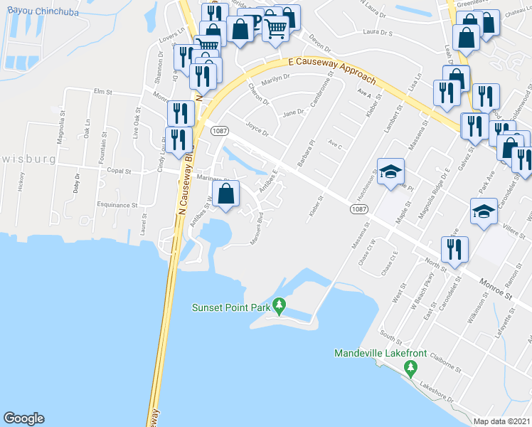 map of restaurants, bars, coffee shops, grocery stores, and more near 140 Cayman Cove in Mandeville