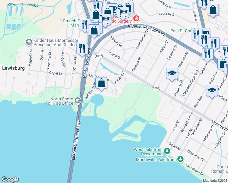 map of restaurants, bars, coffee shops, grocery stores, and more near 136 Saint Croix in Mandeville