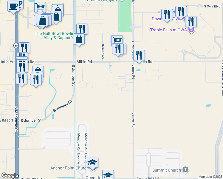 map of restaurants, bars, coffee shops, grocery stores, and more near 20868 Miflin Road in Foley