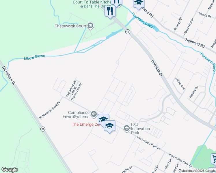 map of restaurants, bars, coffee shops, grocery stores, and more near 940 Shadow Bluff Drive in Baton Rouge