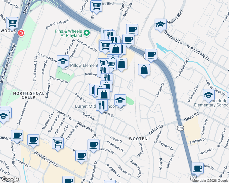 map of restaurants, bars, coffee shops, grocery stores, and more near 8601 Bowling Green Drive in Austin