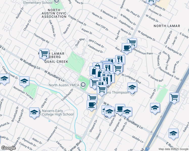 map of restaurants, bars, coffee shops, grocery stores, and more near 9607 Covey Ridge Lane in Austin