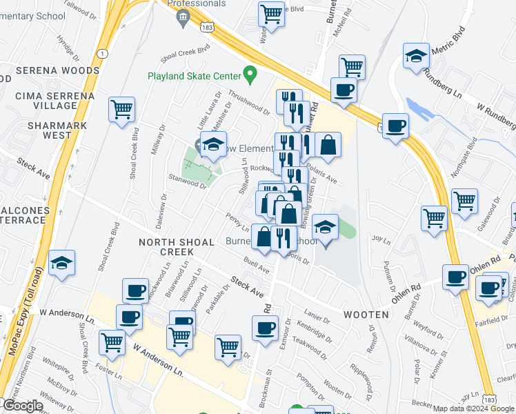 map of restaurants, bars, coffee shops, grocery stores, and more near 8524 Burnet Road in Austin