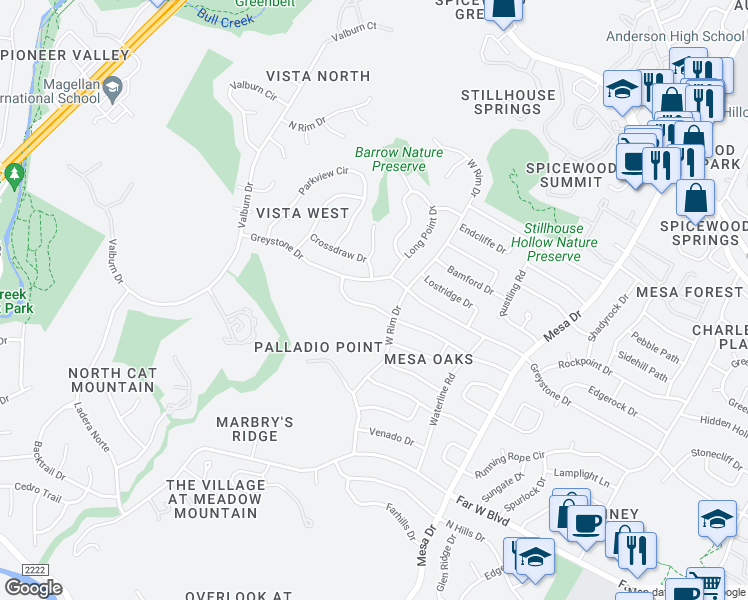 map of restaurants, bars, coffee shops, grocery stores, and more near 4402 Deepwoods Drive in Austin