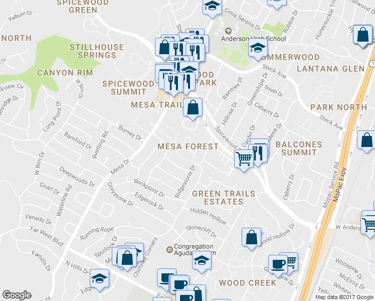 map of restaurants, bars, coffee shops, grocery stores, and more near 3916 Arbor Glen Way in Austin