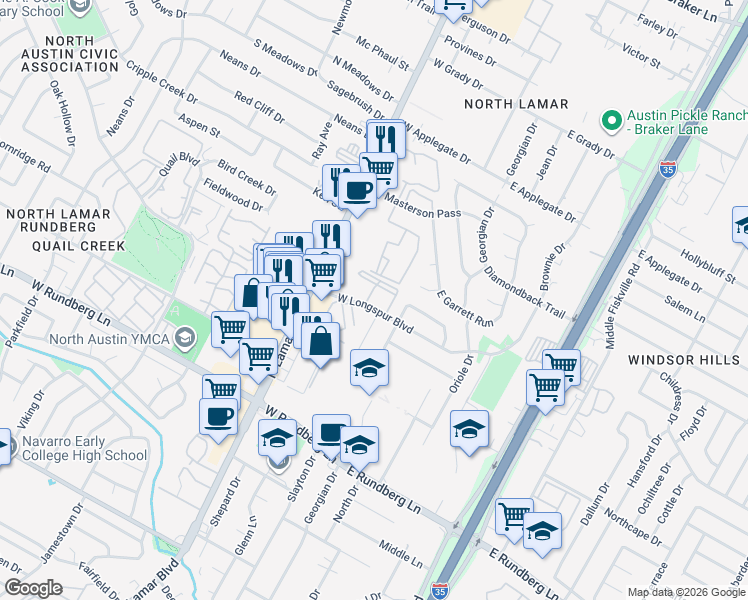 map of restaurants, bars, coffee shops, grocery stores, and more near 502 West Longspur Boulevard in Austin