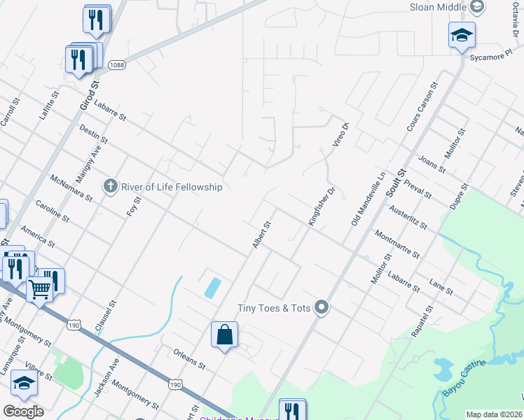 map of restaurants, bars, coffee shops, grocery stores, and more near 6417 Belle Maison Lane in Mandeville