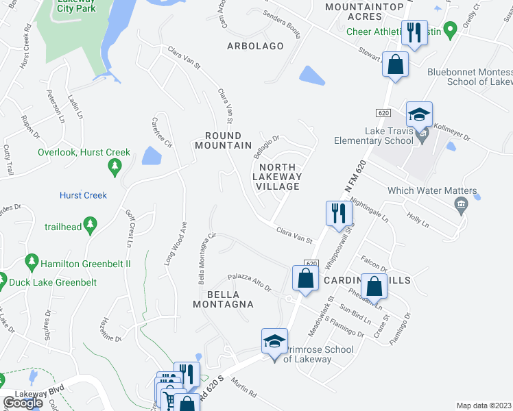 map of restaurants, bars, coffee shops, grocery stores, and more near 109 Bellagio Drive in Austin