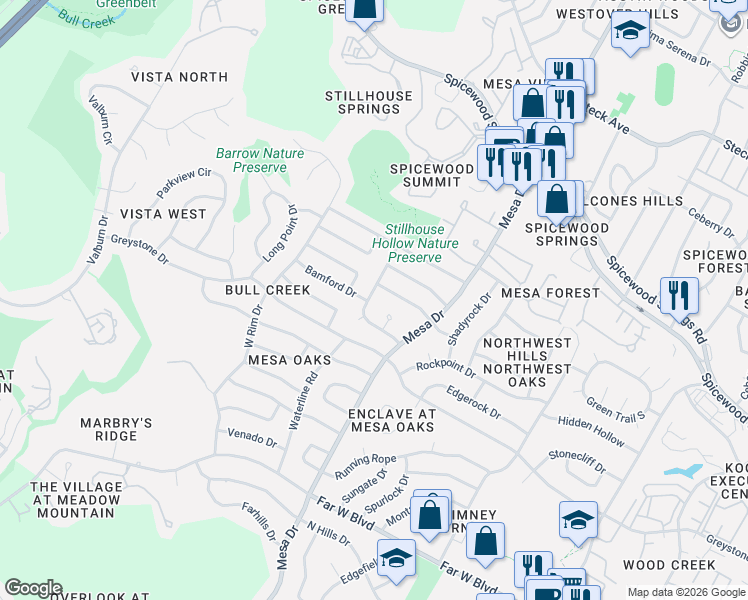map of restaurants, bars, coffee shops, grocery stores, and more near 7613 Rustling Road in Austin