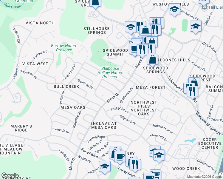 map of restaurants, bars, coffee shops, grocery stores, and more near 4113 Paint Rock Drive in Austin