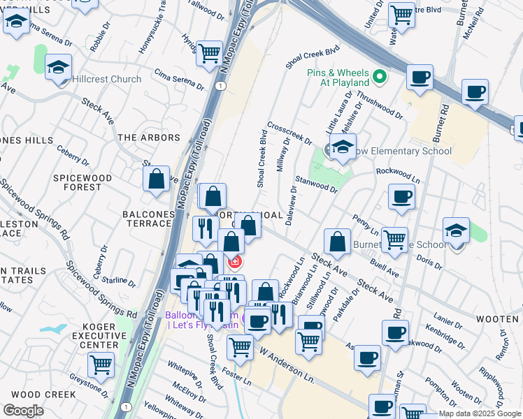 map of restaurants, bars, coffee shops, grocery stores, and more near 8229 Shoal Creek Boulevard in Austin