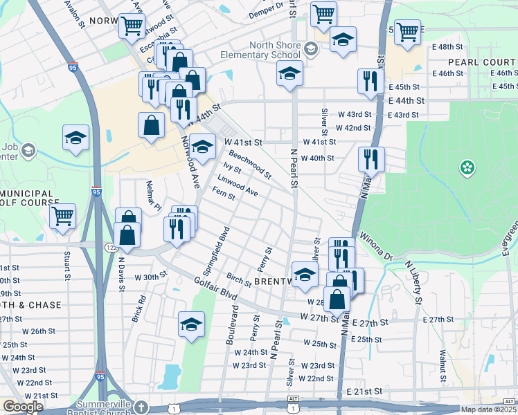 map of restaurants, bars, coffee shops, grocery stores, and more near 503 Linwood Avenue in Jacksonville