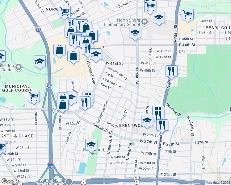 map of restaurants, bars, coffee shops, grocery stores, and more near 4546 Springfield Boulevard in Jacksonville