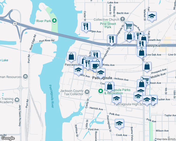 map of restaurants, bars, coffee shops, grocery stores, and more near 507-677 Railroad Ave in Pascagoula
