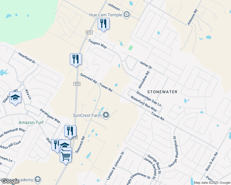 map of restaurants, bars, coffee shops, grocery stores, and more near 12101 Tower Road in Manor