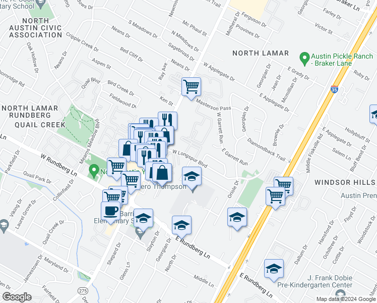 map of restaurants, bars, coffee shops, grocery stores, and more near 502 West Longspur Boulevard in Austin