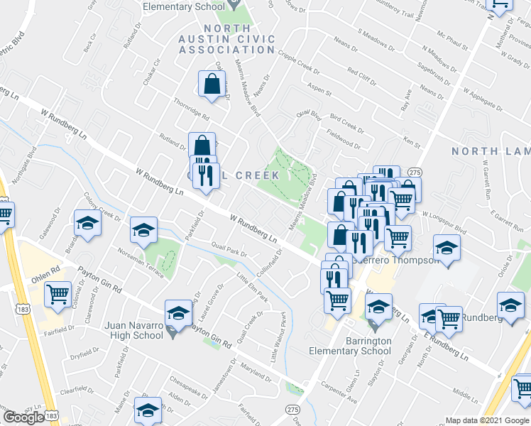 map of restaurants, bars, coffee shops, grocery stores, and more near 1105 Rutland Drive in Austin