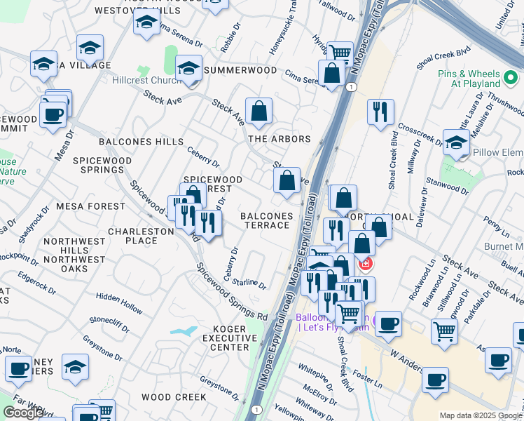 map of restaurants, bars, coffee shops, grocery stores, and more near 8124 Ceberry Drive in Austin