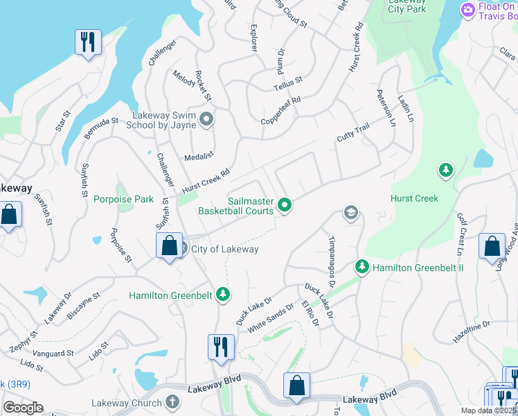 map of restaurants, bars, coffee shops, grocery stores, and more near 213 Stowaway Cove in Lakeway