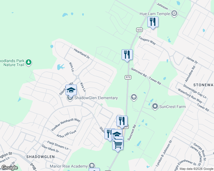map of restaurants, bars, coffee shops, grocery stores, and more near 14229 Fallsprings Way in Manor
