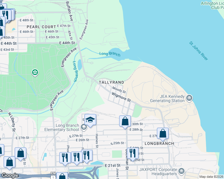 map of restaurants, bars, coffee shops, grocery stores, and more near 4417 Bliss Street in Jacksonville